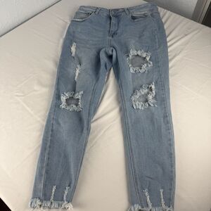Haute Curve Womens Blue Jeans Size 17 Distressed With Holes Frayed Hem Stretchy